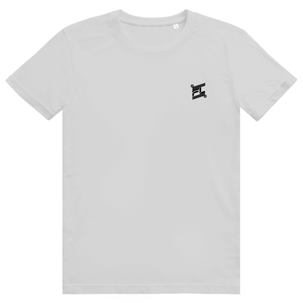 Face avant du t-shirt unisexe en coton blanc avec le logo noir FL-Fit sur la poitrine.