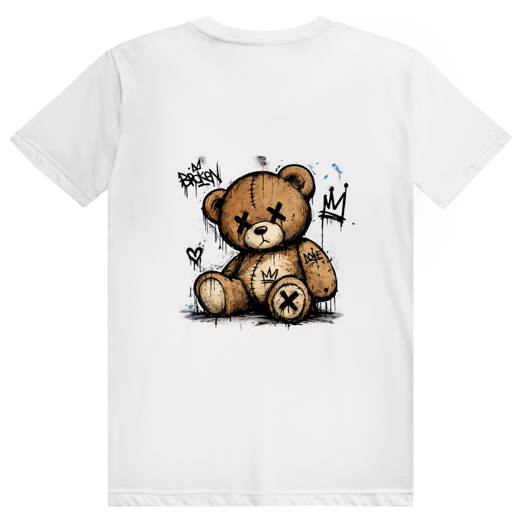 Dos du t-shirt en coton unisexe blanc avec une illustration de teddy bear style street art grunge et le logo FL-Fit.