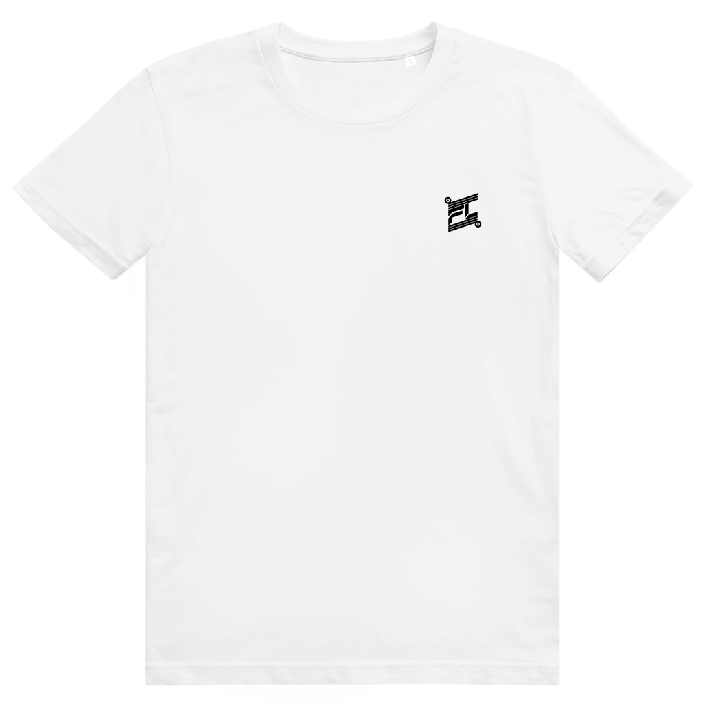 Face avant du t-shirt unisexe en coton blanc avec le logo noir FL-Fit sur la poitrine.
