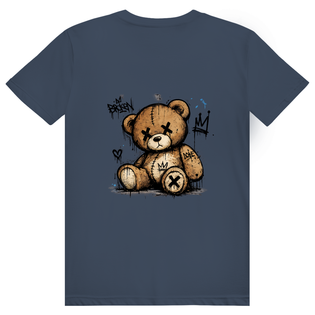 Dos du t-shirt en coton unisexe bleu marine avec une illustration de teddy bear style street art grunge.