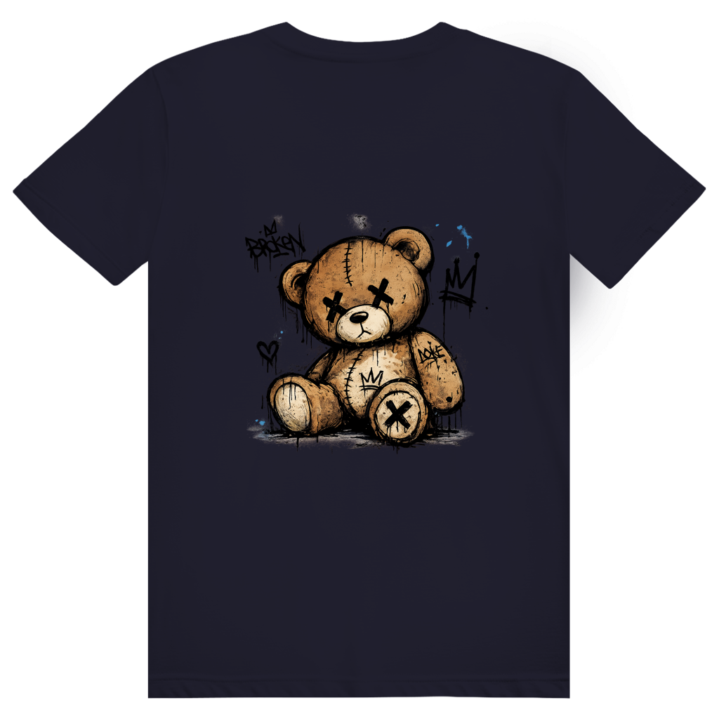 Dos du t-shirt en coton unisexe bleu marine avec une illustration de teddy bear style street art grunge et le logo FL-Fit.