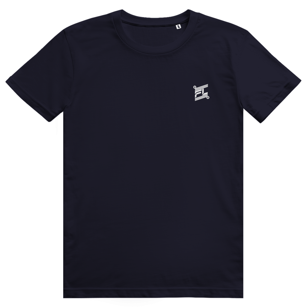 Face avant du t-shirt unisexe en coton bleu marine avec le logo blanc FL-Fit sur la poitrine.