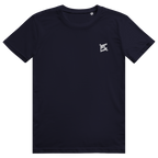 Face avant du t-shirt unisexe en coton bleu marine avec le logo blanc FL-Fit sur la poitrine.