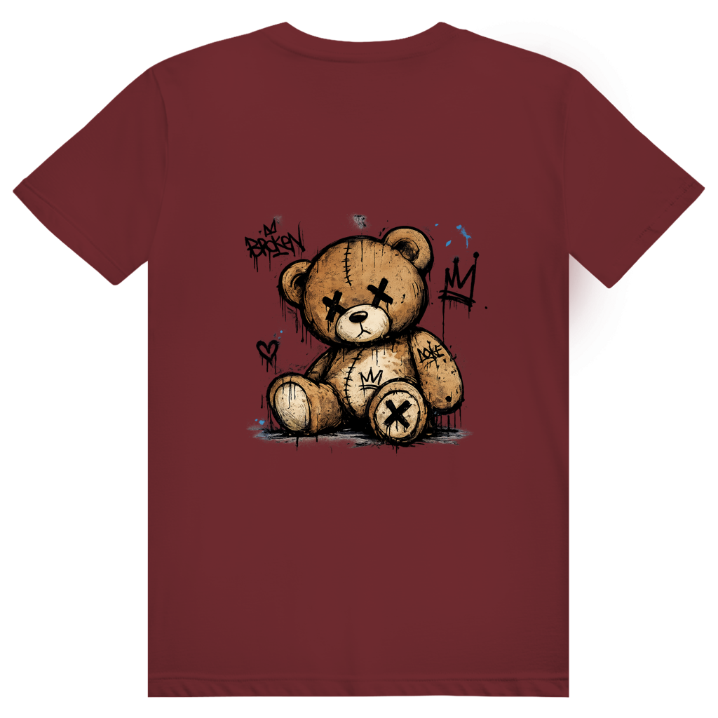 Dos du t-shirt en coton unisexe bordeaux avec une illustration de teddy bear style street art grunge et le logo FL-Fit.