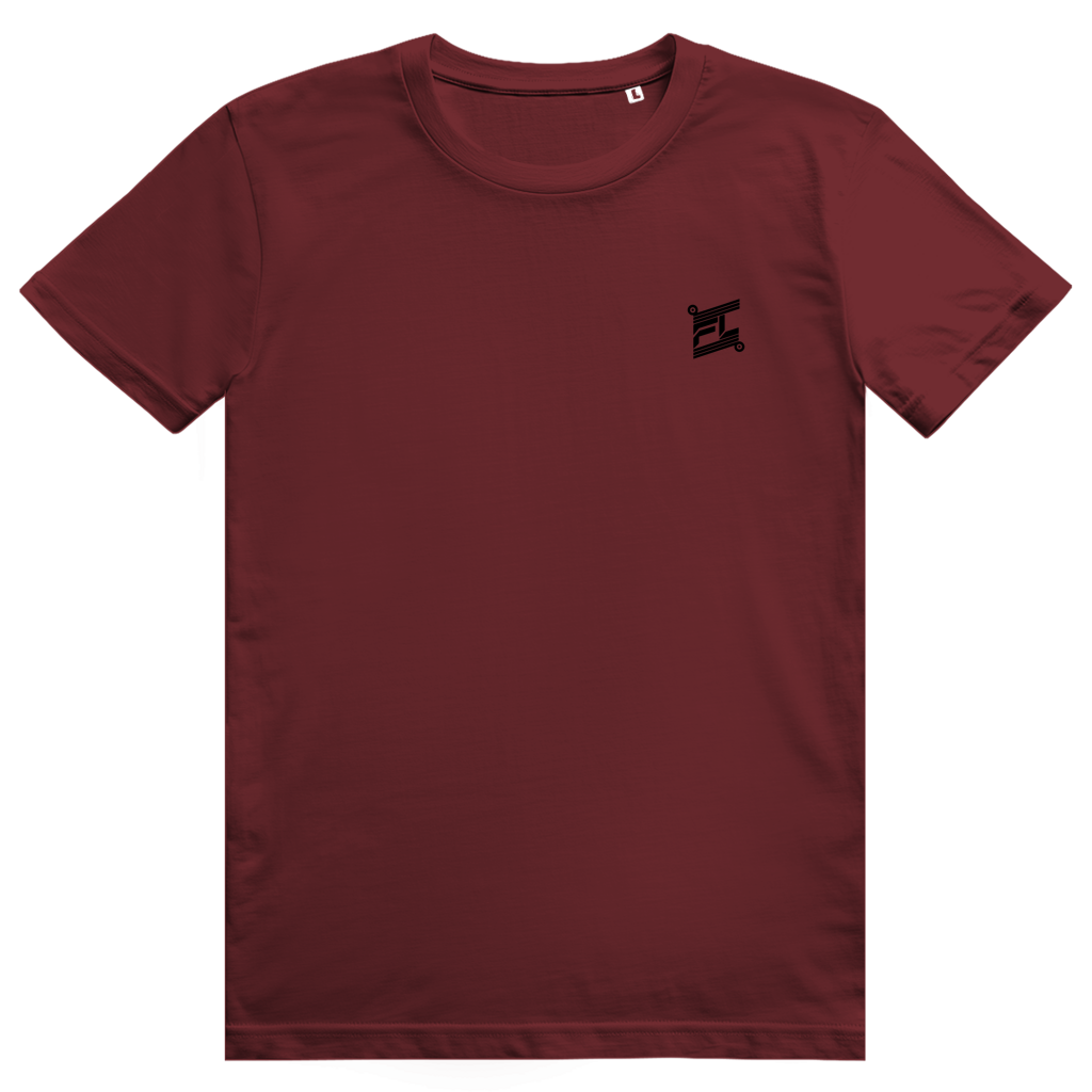Face avant du t-shirt unisexe en coton bordeaux avec le logo noir FL-Fit sur la poitrine.