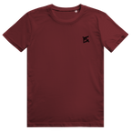 Face avant du t-shirt unisexe en coton bordeaux avec le logo noir FL-Fit sur la poitrine.