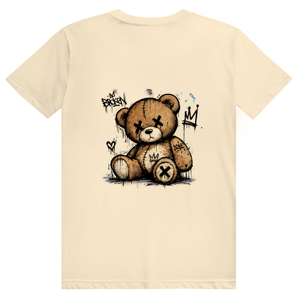 Dos du t-shirt en coton unisexe crème avec une illustration de teddy bear style street art grunge.