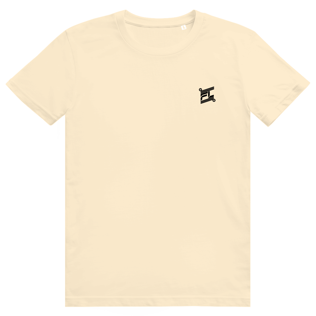 Face avant du t-shirt unisexe en coton crème avec le logo noir FL-Fit sur la poitrine.