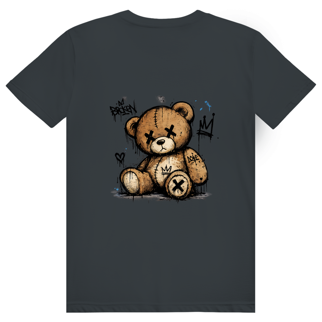 Dos du t-shirt en coton unisexe gris anthracite avec une illustration de teddy bear style street art grunge et le logo FL-Fit.