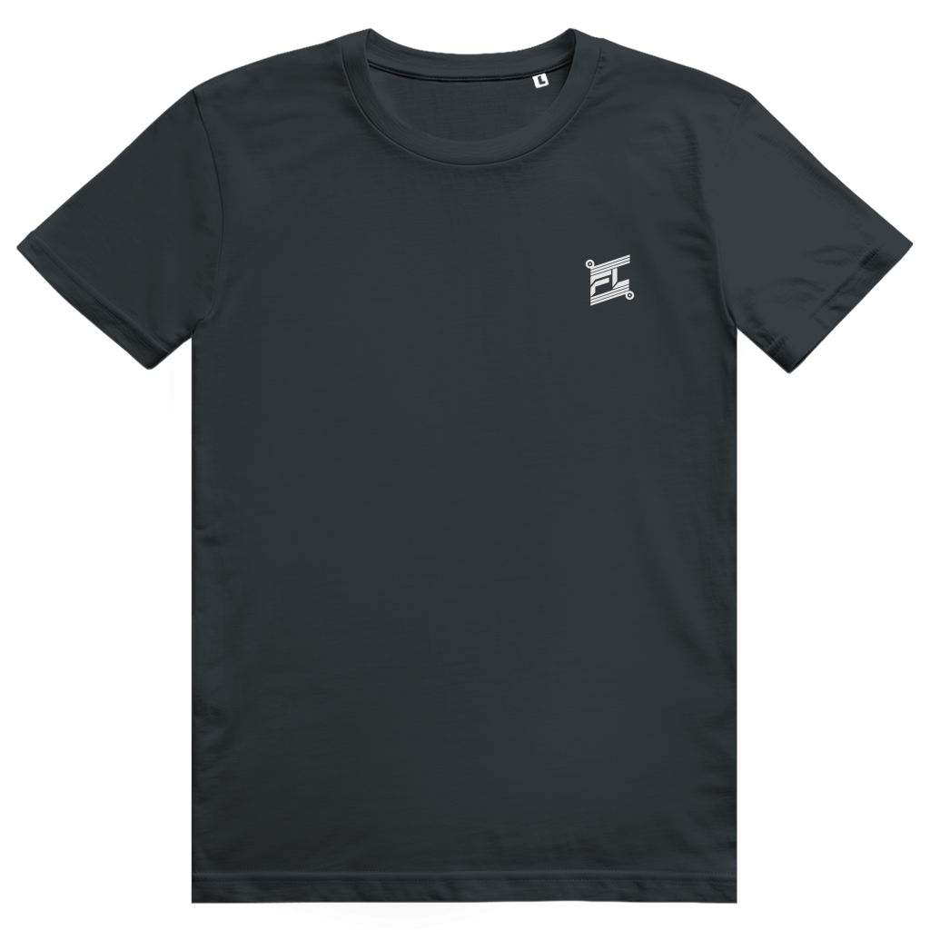 Face avant du t-shirt unisexe en coton gris anthracite avec le logo blanc FL-Fit sur la poitrine.