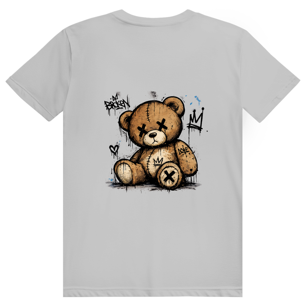 Dos du t-shirt en coton unisexe gris clair avec une illustration de teddy bear style street art grunge.