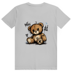 Dos du t-shirt en coton unisexe gris clair avec une illustration de teddy bear style street art grunge.