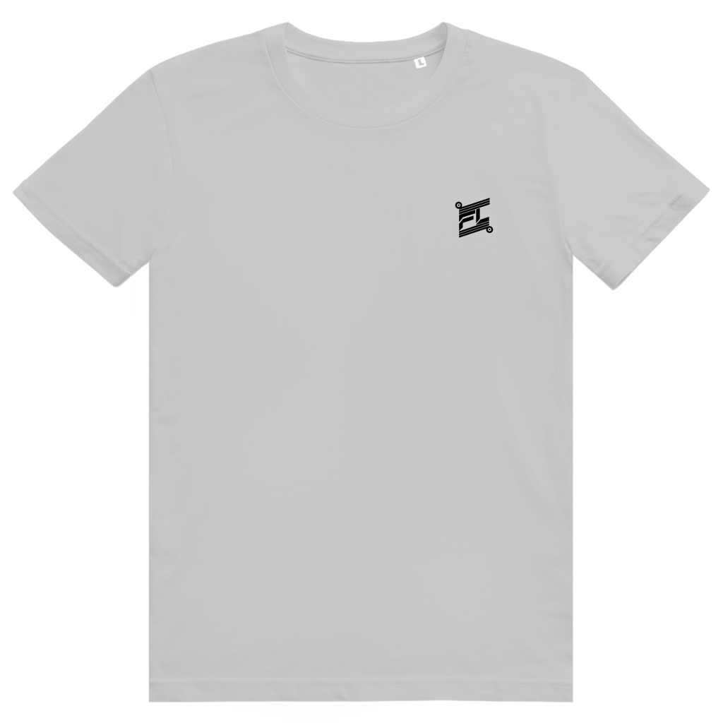Face avant du t-shirt unisexe en coton gris clair avec le logo noir FL-Fit sur la poitrine.