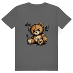 Dos du t-shirt en coton unisexe gris foncé avec une illustration de teddy bear style street art grunge.