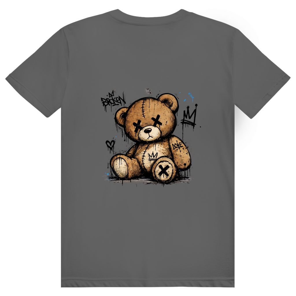 Dos du t-shirt en coton unisexe gris foncé avec une illustration de teddy bear style street art grunge.