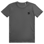 Face avant du t-shirt unisexe en coton gris foncé avec le logo noir FL-Fit sur la poitrine.