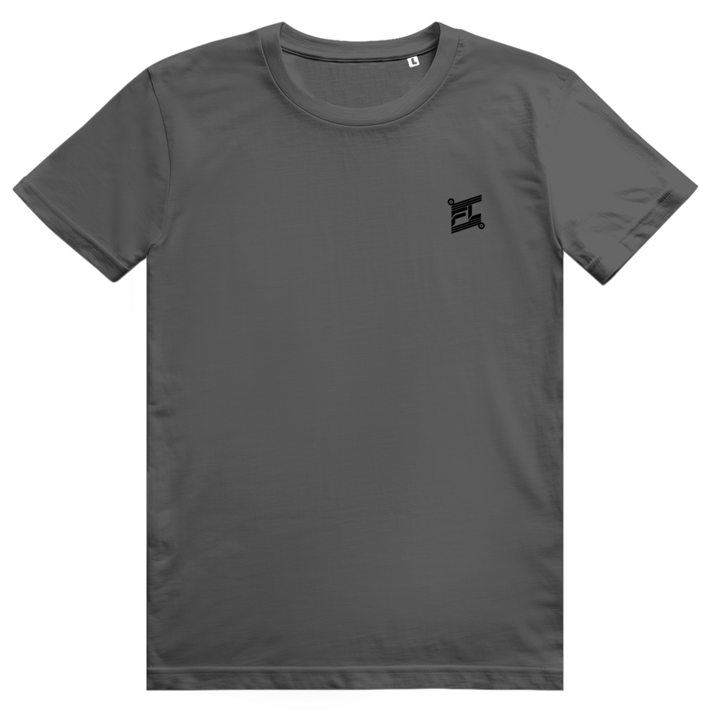 Face avant du t-shirt unisexe en coton gris foncé avec le logo noir FL-Fit sur la poitrine.