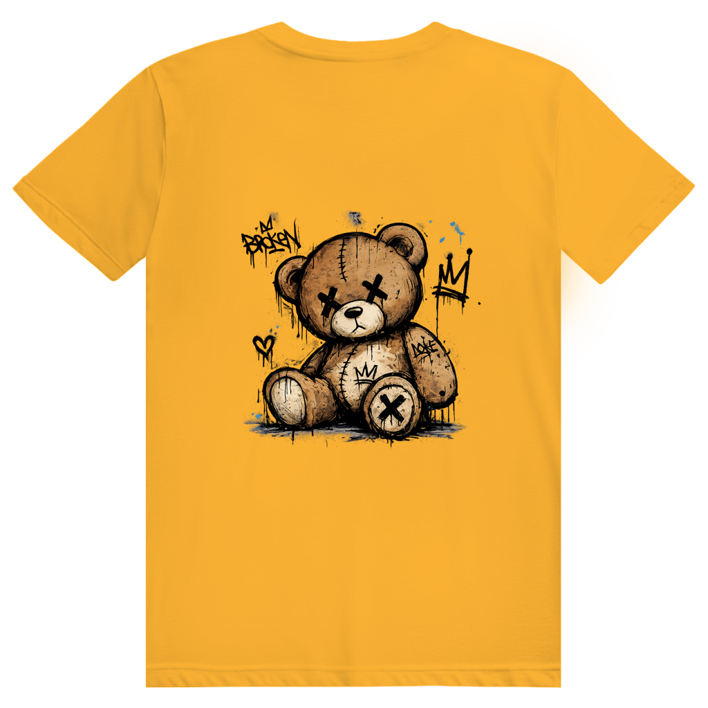 Dos du t-shirt en coton unisexe jaune moutarde avec une illustration de teddy bear style street art grunge.