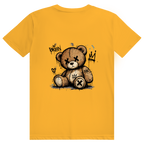 Dos du t-shirt en coton unisexe jaune moutarde avec une illustration de teddy bear style street art grunge.