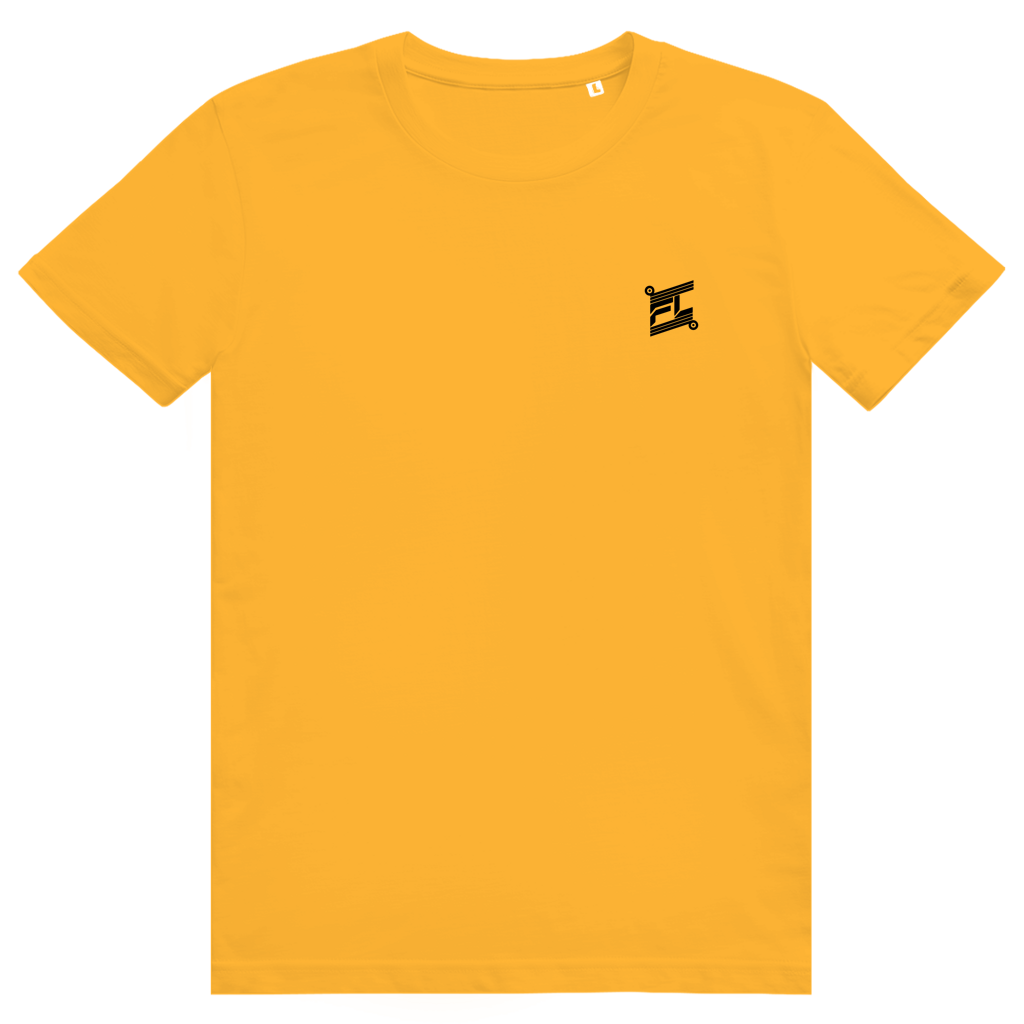 Face avant du t-shirt unisexe en coton jaune moutarde avec le logo noir FL-Fit sur la poitrine.