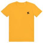 Face avant du t-shirt unisexe en coton jaune moutarde avec le logo noir FL-Fit sur la poitrine.