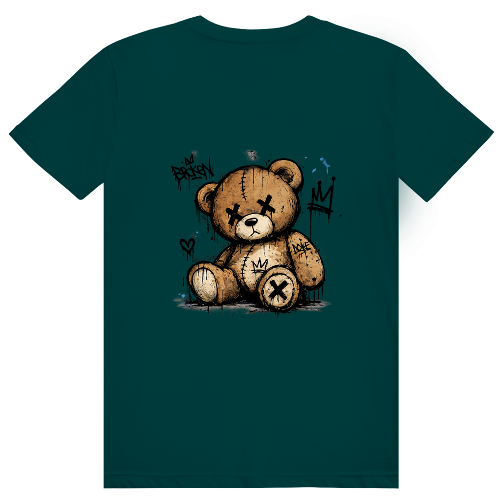 Dos du t-shirt en coton unisexe vert forêt avec une illustration de teddy bear style street art grunge.