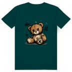 Dos du t-shirt en coton unisexe vert forêt avec une illustration de teddy bear style street art grunge.