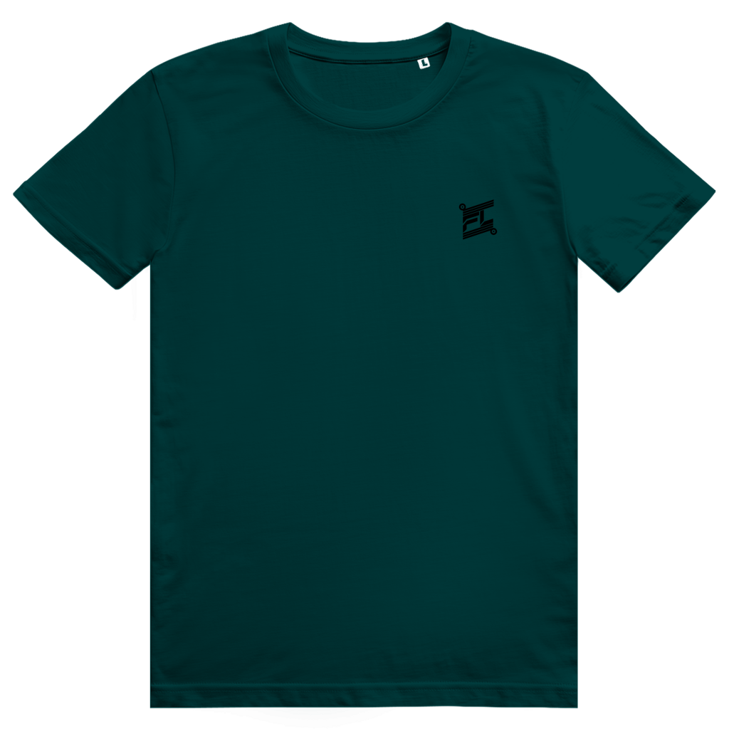 Face avant du t-shirt unisexe en coton vert forêt avec le logo noir FL-Fit sur la poitrine.