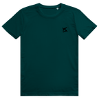 Face avant du t-shirt unisexe en coton vert forêt avec le logo noir FL-Fit sur la poitrine.