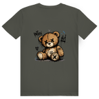 Dos du t-shirt en coton unisexe vert kaki avec une illustration de teddy bear style street art grunge.
