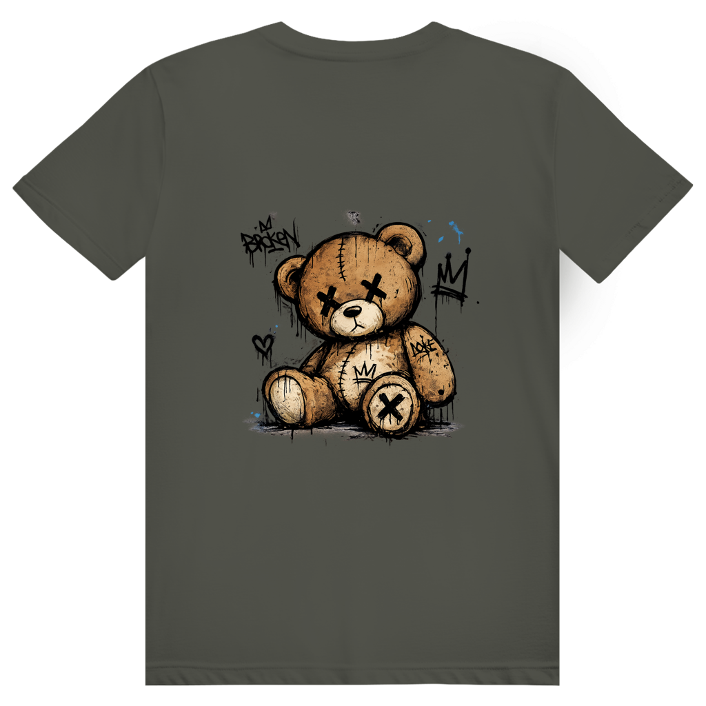 Dos du t-shirt en coton unisexe vert kaki avec une illustration de teddy bear style street art grunge.