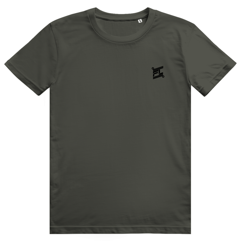 Face avant du t-shirt unisexe en coton vert kaki avec le logo noir FL-Fit sur la poitrine.