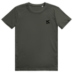 Face avant du t-shirt unisexe en coton vert kaki avec le logo noir FL-Fit sur la poitrine.
