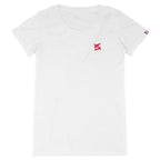 Face avant d'un t-shirt français et fabriqué en france avec un logo floqué rouge sur la poitrine et le drapeau français sur la manche gauche 