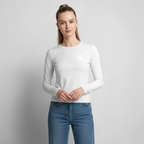 T-shirt manches longues slim fit femme FL-Fit blanc, coupe ajustée fluide, col rond finition soignée, manches longues stretch, essentiel dressing minimaliste, fond blanc isolé