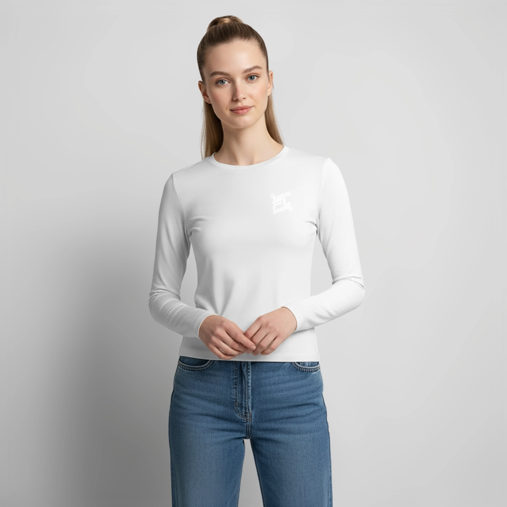 T-shirt manches longues slim fit femme FL-Fit blanc, coupe ajustée fluide, col rond finition soignée, manches longues stretch, essentiel dressing minimaliste, fond blanc isolé