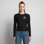 T-shirt manches longues slim fit femme FL-Fit noir, coupe ajustée sophistiquée, col rond, manches longues jersey doux, base polyvalente jour-soir, fond blanc isolé