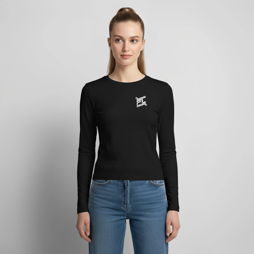 T-shirt manches longues slim fit femme FL-Fit noir, coupe ajustée sophistiquée, col rond, manches longues jersey doux, base polyvalente jour-soir, fond blanc isolé