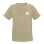 T-shirt respirant homme FL-Fit beige sable, coupe classique sport, logo FL blanc minimaliste poitrine, matière technique anti-transpiration, col rond renforcé, manches courtes, ton neutre urbain, fond blanc isolé