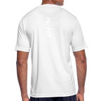 Dos t-shirt respirant homme FL-Fit blanc, logo FL-FIT blanc vertical imprimé, grande typographie dos graphique contrastée, matière stretch technique, fond blanc isolé