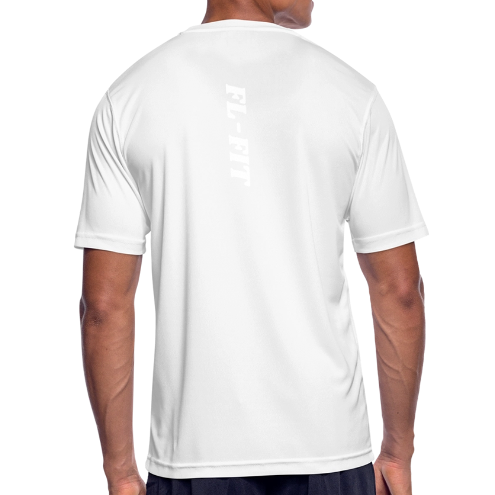 Dos t-shirt respirant homme FL-Fit blanc, logo FL-FIT blanc vertical imprimé, grande typographie dos graphique contrastée, matière stretch technique, fond blanc isolé