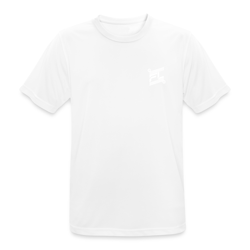 T-shirt respirant homme FL-Fit blanc, coupe classique sport, logo FL blanc minimaliste poitrine discrétion ton sur ton, matière technique anti-transpiration, col rond renforcé, manches courtes, fond blanc isolé