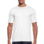T-shirt technique homme FL-Fit blanc vue trois-quarts, logo FL blanc poitrine sans bordure subtil, tissu léger respirant, finitions sportswear, fond blanc