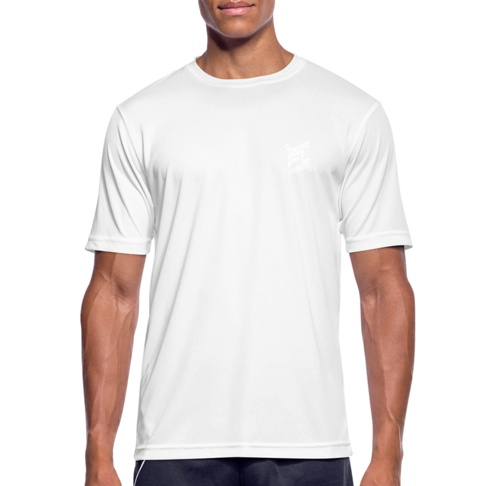 T-shirt technique homme FL-Fit blanc vue trois-quarts, logo FL blanc poitrine sans bordure subtil, tissu léger respirant, finitions sportswear, fond blanc