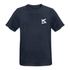 T-shirt respirant homme FL-Fit bleu marine foncé, coupe classique sport, logo FL blanc minimaliste poitrine, matière technique anti-transpiration, col rond renforcé, manches courtes, fond blanc isolé, packshot e-commerce