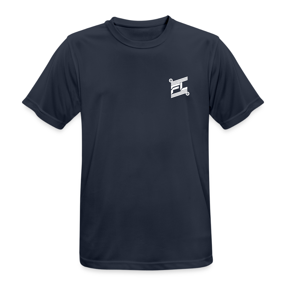 T-shirt respirant homme FL-Fit bleu marine foncé, coupe classique sport, logo FL blanc minimaliste poitrine, matière technique anti-transpiration, col rond renforcé, manches courtes, fond blanc isolé, packshot e-commerce