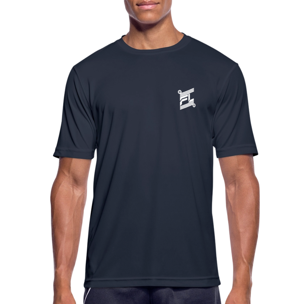 T-shirt respirant homme FL-Fit bleu marine foncé, coupe classique sport, logo FL blanc minimaliste poitrine, matière technique anti-transpiration, col rond renforcé, manches courtes, fond blanc isolé, packshot e-commerce