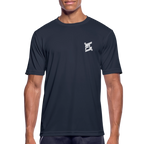 T-shirt respirant homme FL-Fit bleu marine foncé, coupe classique sport, logo FL blanc minimaliste poitrine, matière technique anti-transpiration, col rond renforcé, manches courtes, fond blanc isolé, packshot e-commerce