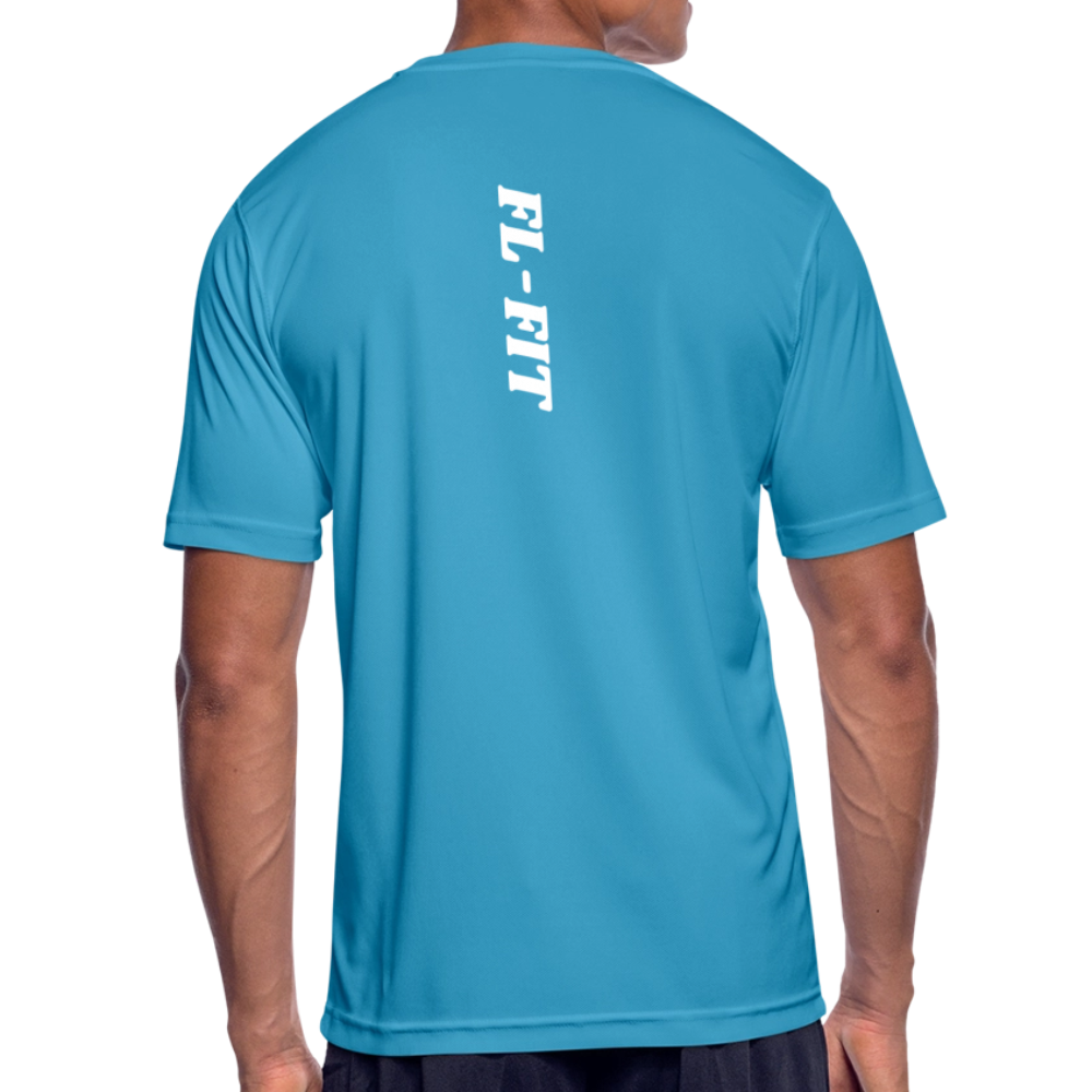 Dos t-shirt respirant homme FL-Fit bleu saphir, logo FL-FIT blanc vertical imprimé, grande typographie dos graphique, matière stretch technique, style athlétique profond, fond blanc isolé

