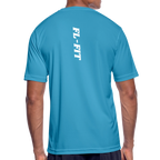 Dos t-shirt respirant homme FL-Fit bleu saphir, logo FL-FIT blanc vertical imprimé, grande typographie dos graphique, matière stretch technique, style athlétique profond, fond blanc isolé
